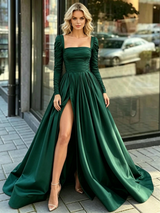 Green Satin Split Long Sleeve Prom Dress