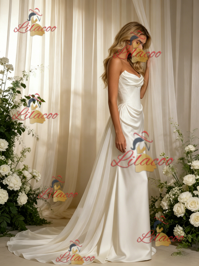 White Mermaid Satin Strapless Pleats Wedding Dress