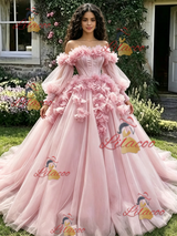 Pink Tulle Off the Shoulder 3D Flower Quinceanera Dress