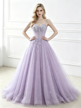 Purple Tulle Spaghetti Straps Appliques Prom Dress