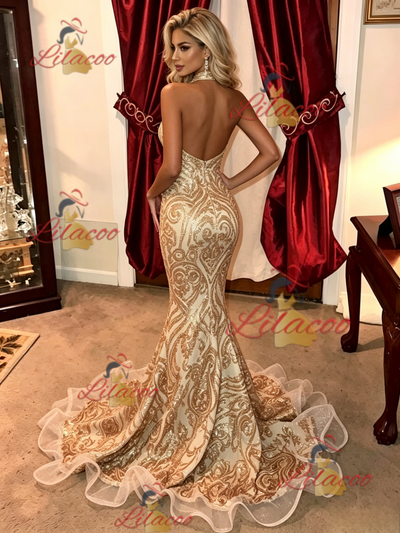 Gold Mermaid Sequins Halter Prom Dress