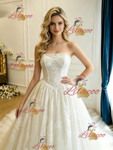 Beige White Tulle Lace Strapless Wedding Dress
