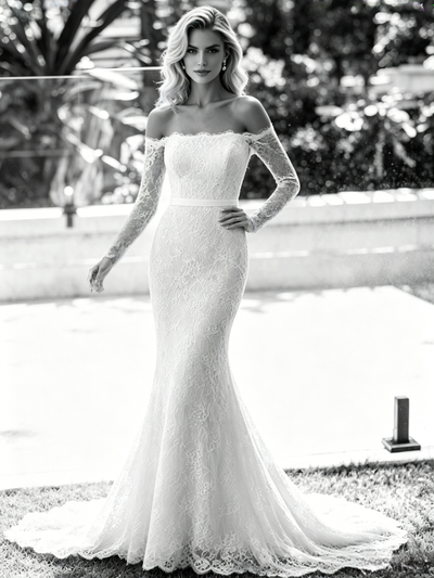 White Mermaid Lace Long Sleeve Wedding Dress