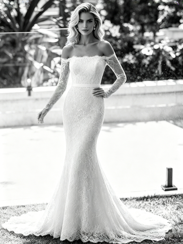 White Mermaid Lace Long Sleeve Wedding Dress