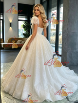 White Sequins Puff Sleeve Wedding Dress