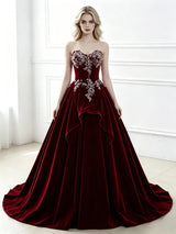 Burgundy Velvet Strapless Appliques Prom Dress