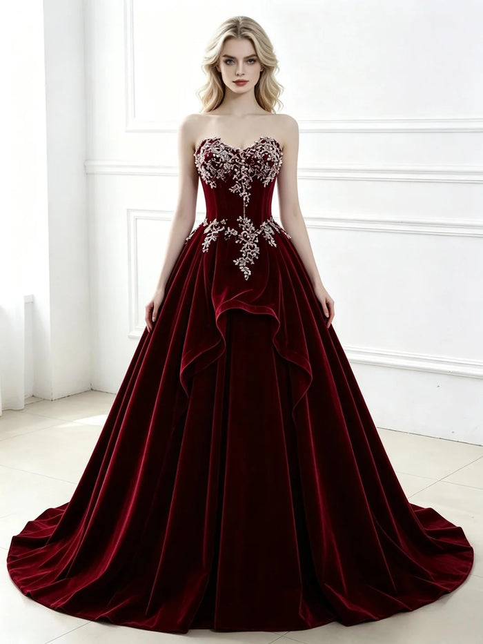 Burgundy Velvet Strapless Appliques Prom Dress