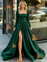 Green Satin Split Long Sleeve Prom Dress