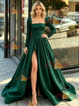 Green Satin Split Long Sleeve Prom Dress