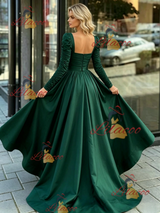 Green Satin Split Long Sleeve Prom Dress