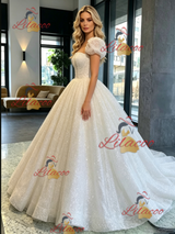 White Sequins Puff Sleeve Wedding Dress