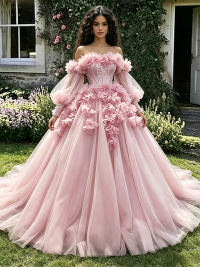 Pink Tulle Off the Shoulder 3D Flower Quinceanera Dress