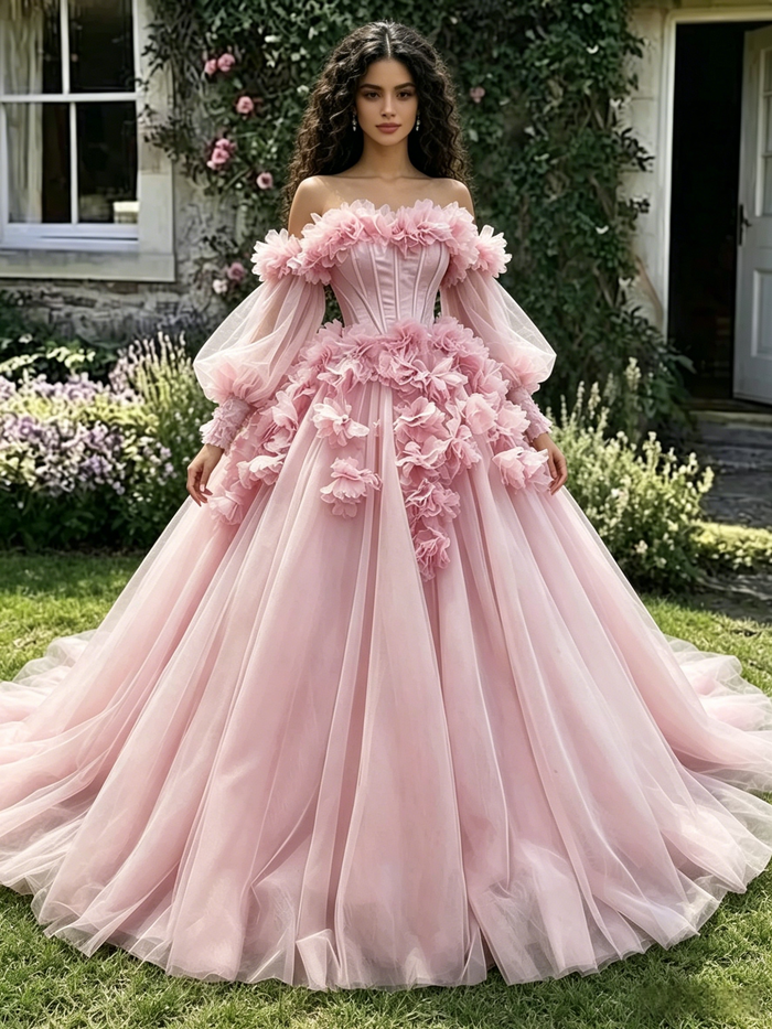 Pink Tulle Off the Shoulder 3D Flower Quinceanera Dress
