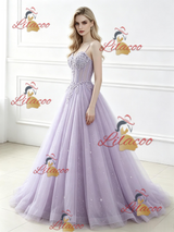 Purple Tulle Spaghetti Straps Appliques Prom Dress