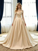 Champagne Satin Long Sleeve Pleats Lace Wedidng Dress