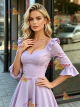Pureple Long Sleeve Square Neck Prom Dress