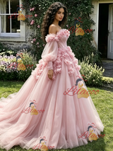 Pink Tulle Off the Shoulder 3D Flower Quinceanera Dress