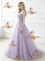 Purple Tulle Spaghetti Straps Appliques Prom Dress