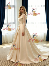Champagne Satin Long Sleeve Pleats Lace Wedidng Dress