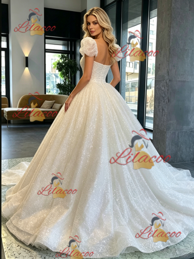 White Sequins Puff Sleeve Wedding Dress