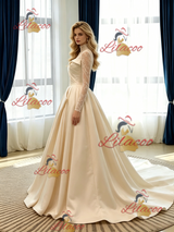 Champagne Satin Long Sleeve Pleats Lace Wedidng Dress