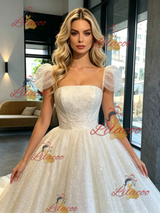 White Sequins Puff Sleeve Wedding Dress