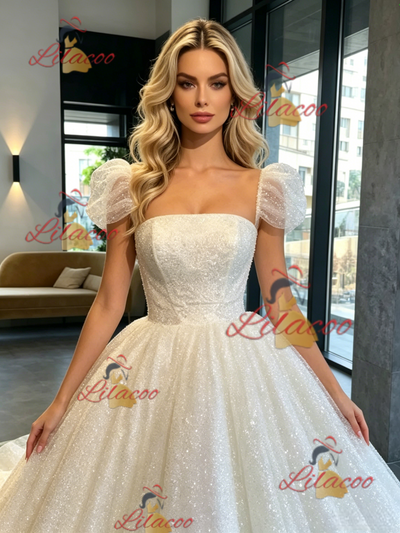 White Sequins Puff Sleeve Wedding Dress