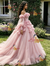 Pink Tulle Off the Shoulder 3D Flower Quinceanera Dress