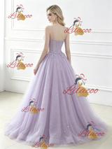 Purple Tulle Spaghetti Straps Appliques Prom Dress