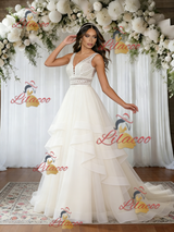 Beige White Tulle V-neck Wedding Dress