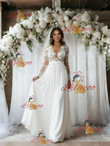 White Chiffon Appliques Long Sleeve Wedding Dress