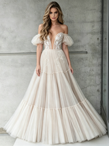 Ivory Tulle Lace Off the Shoulder Wedding Dress