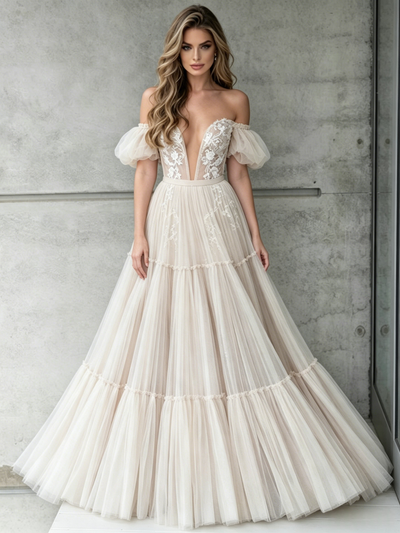 Ivory Tulle Lace Off the Shoulder Wedding Dress