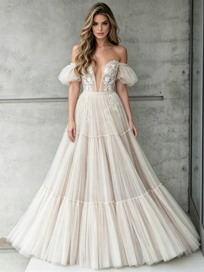 Ivory Tulle Lace Off the Shoulder Wedding Dress