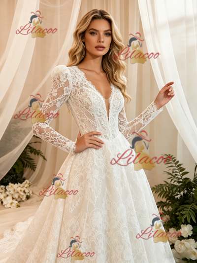 White Lace Long Sleeve V-neck Wedding Dress