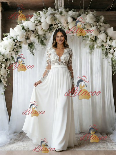 White Chiffon Appliques Long Sleeve Wedding Dress