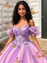 Purple Tulle Off the Shoulder 3D Flower Quinceanera Dress