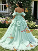 Grene Tulle Off the Shoulder 3D Flower Quinceanera Dress
