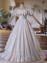White Satin Lace Long Sleeve Wedding Dress