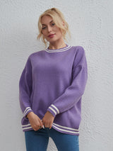 Solid Color Round Neck Striped Top Sweater