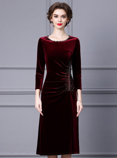 Burgundy Velvet Pleats Mother Of The Bride Dress