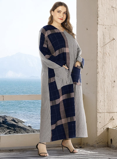 V-neck Striped Geometric Stitching Dress