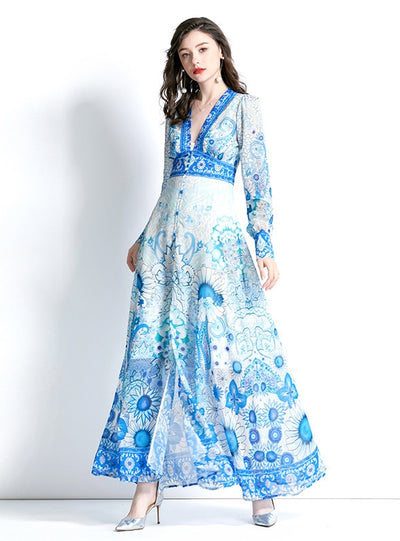 Retro Deep V-neck Lantern Sleeve Printed Dress