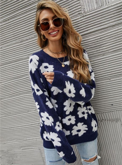 Printed Round Neck Blue Sweater