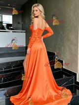 Orange Satin Straps Split Prom Dress