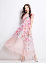 V-neck Silm Waist Printed Long Dress
