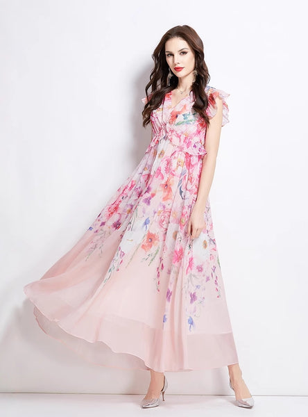 V-neck Silm Waist Printed Long Dress