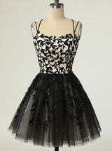 Black Tulle Appliques Homecoming Dress
