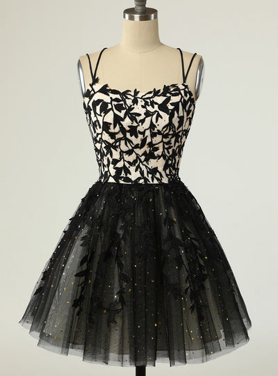 Black Tulle Appliques Homecoming Dress