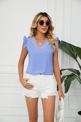 Contrast Color V-neck Short Sleeve Loose Chiffon Top